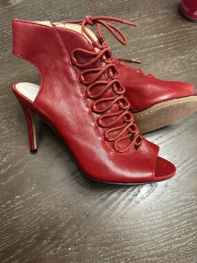 Vince Camuto Red Lace-Up Peep Toe Stiletto Booties